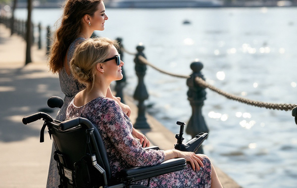 Blonde Frau im Rollstuhl schaut auf einen Fluss