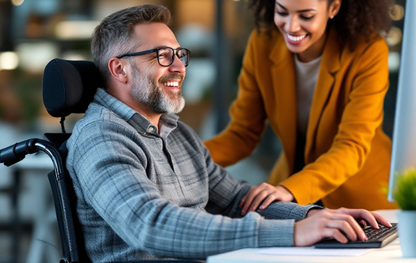 Eine dunkelhaarige Frau hilft einem Mann mit graumelliertem Haar im Rollstuhl bei der Arbeit. Beide Personen wirken fröhlich.