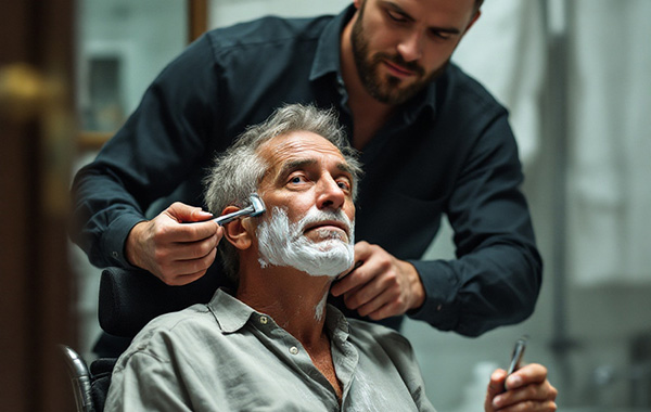 dunkelhaariger Mann rasiert einen etwas älteren Mann, welcher im Rollstuhl sitzt.