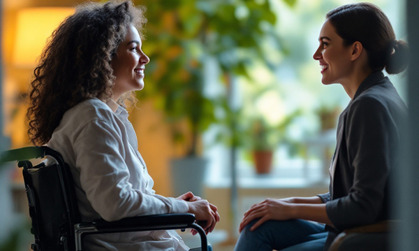 Zwei Frauen sitzen sich gegenüber. Die Frau mit lockigen Haaren sitzt im Rollstuhl. Die andere Frau mit glatten Haaren sitzt ihr gegenüber auf einem Stuhl. Beide Frauen lächeln.