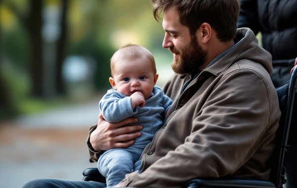 Mann im Rollstuhl hält Baby auf dem Schoß