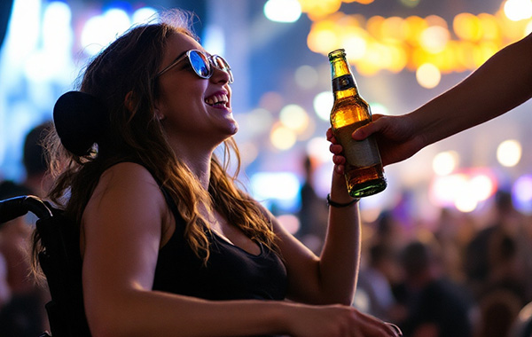 Frau im Rollstuhl bekommt ein Getränk in einer Flasche gereicht. Die Szene spiegelt eine Situation auf einem Festival wieder.