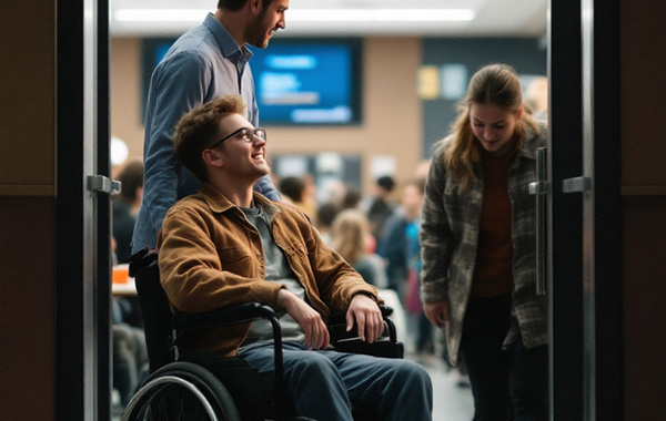 Mann im Rollstuhl wird von einem anderen Mann durch eine Türe geschoben. Beide wirken fröhlich