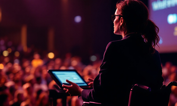 Frau im Rollstuhl welche auf einer Bühne mit dem Rollstuhl steht und zu einem Publikum spricht